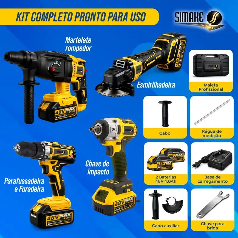 Kit Multiferramentas 4 Em 1 | 48V Sem Fio Com 2 Baterias Furadeira Parafusadeira, Martelete, Esmerilhadeira, Chave De Impacto Com Maleta Alta Potência Uso Profissional E Doméstico imagem 3