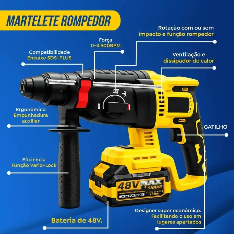 Kit Multiferramentas 4 Em 1 | 48V Sem Fio Com 2 Baterias Furadeira Parafusadeira, Martelete, Esmerilhadeira, Chave De Impacto Com Maleta Alta Potência Uso Profissional E Doméstico imagem 4