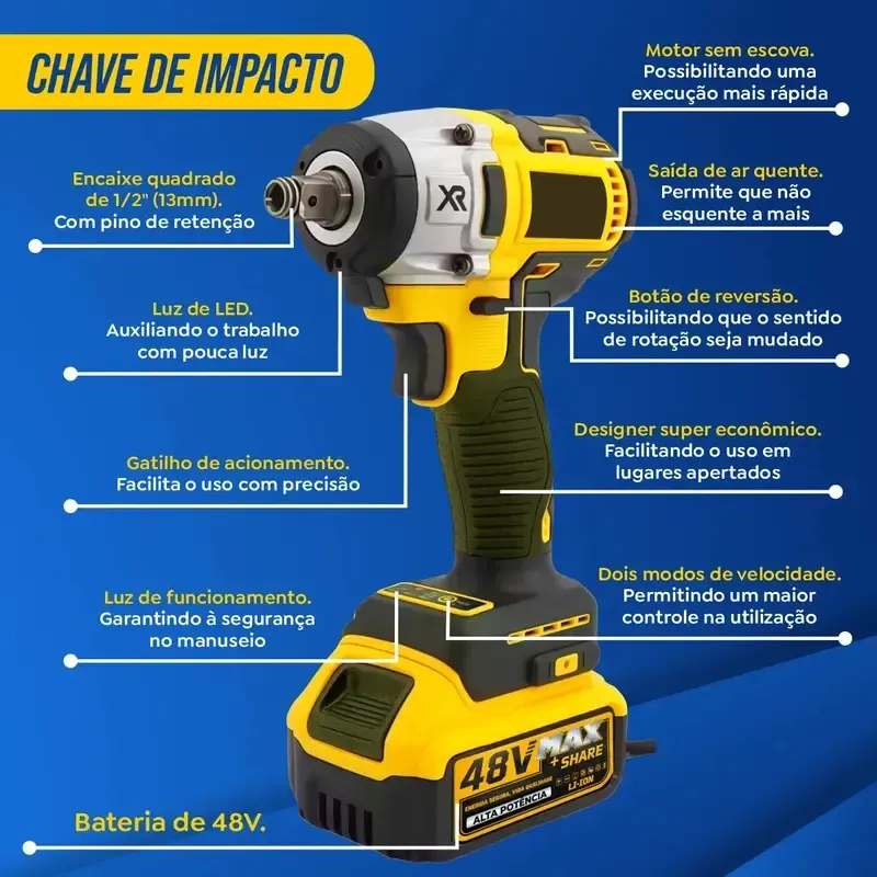 Kit Multiferramentas 4 Em 1 | 48V Sem Fio Com 2 Baterias Furadeira Parafusadeira, Martelete, Esmerilhadeira, Chave De Impacto Com Maleta Alta Potência Uso Profissional E Doméstico imagem 6