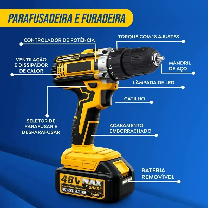 Kit Multiferramentas 4 Em 1 | 48V Sem Fio Com 2 Baterias Furadeira Parafusadeira, Martelete, Esmerilhadeira, Chave De Impacto Com Maleta Alta Potência Uso Profissional E Doméstico imagem 7