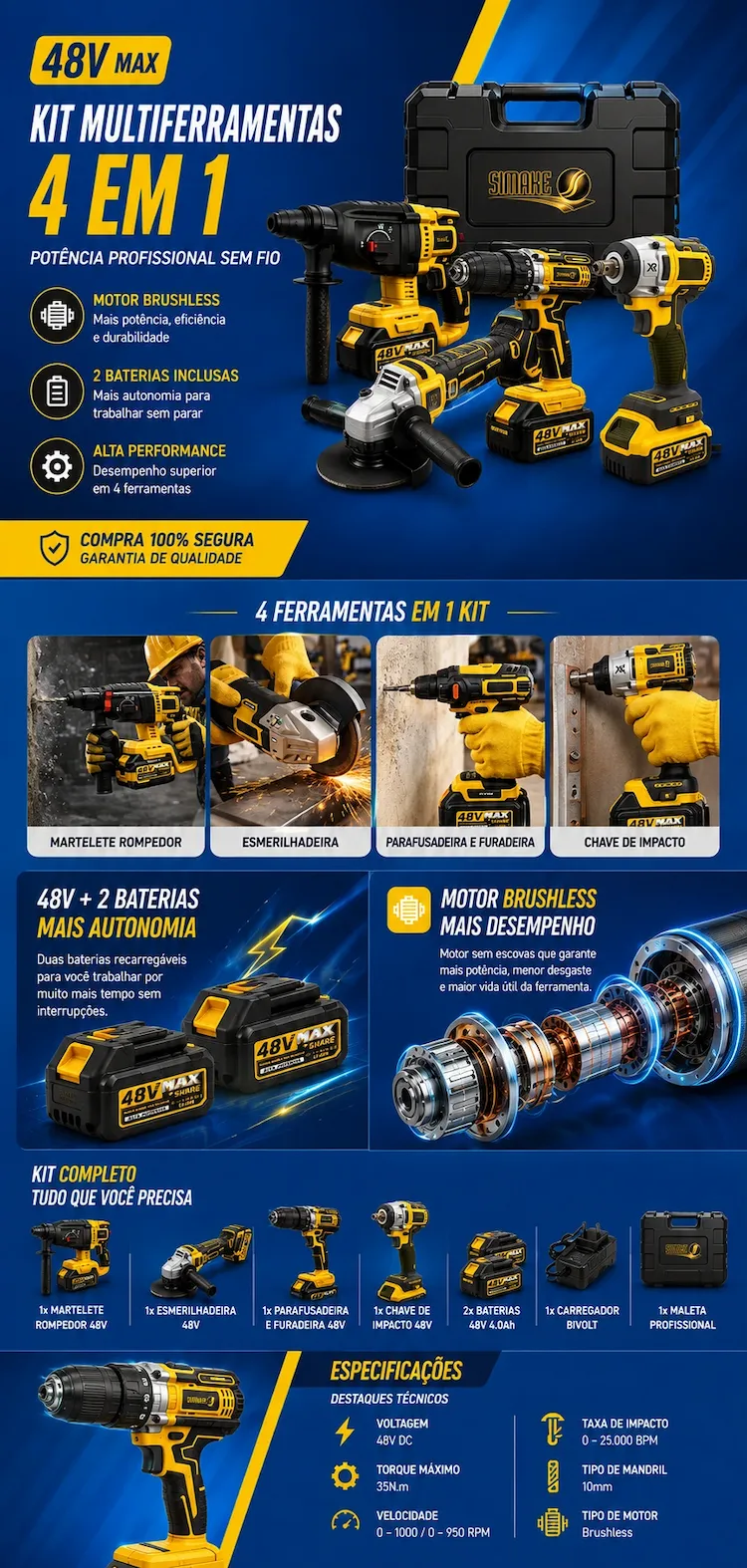 Características do Kit Multiferramentas 4 Em 1 | 48V Sem Fio Com 2 Baterias Furadeira Parafusadeira, Martelete, Esmerilhadeira, Chave De Impacto Com Maleta Alta Potência Uso Profissional E Doméstico