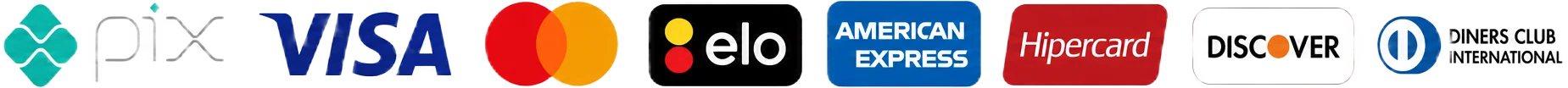 Formas de pagamento: Pix, Visa, Mastercard, Elo, American Express, Hipercard, Discover, Diners Club